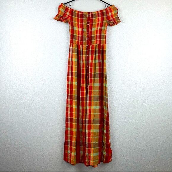 Urban Outfitters Womens Plaid Off-the-Shoulder Button Front Midi Dress Orange SP - Picture 1 of 11